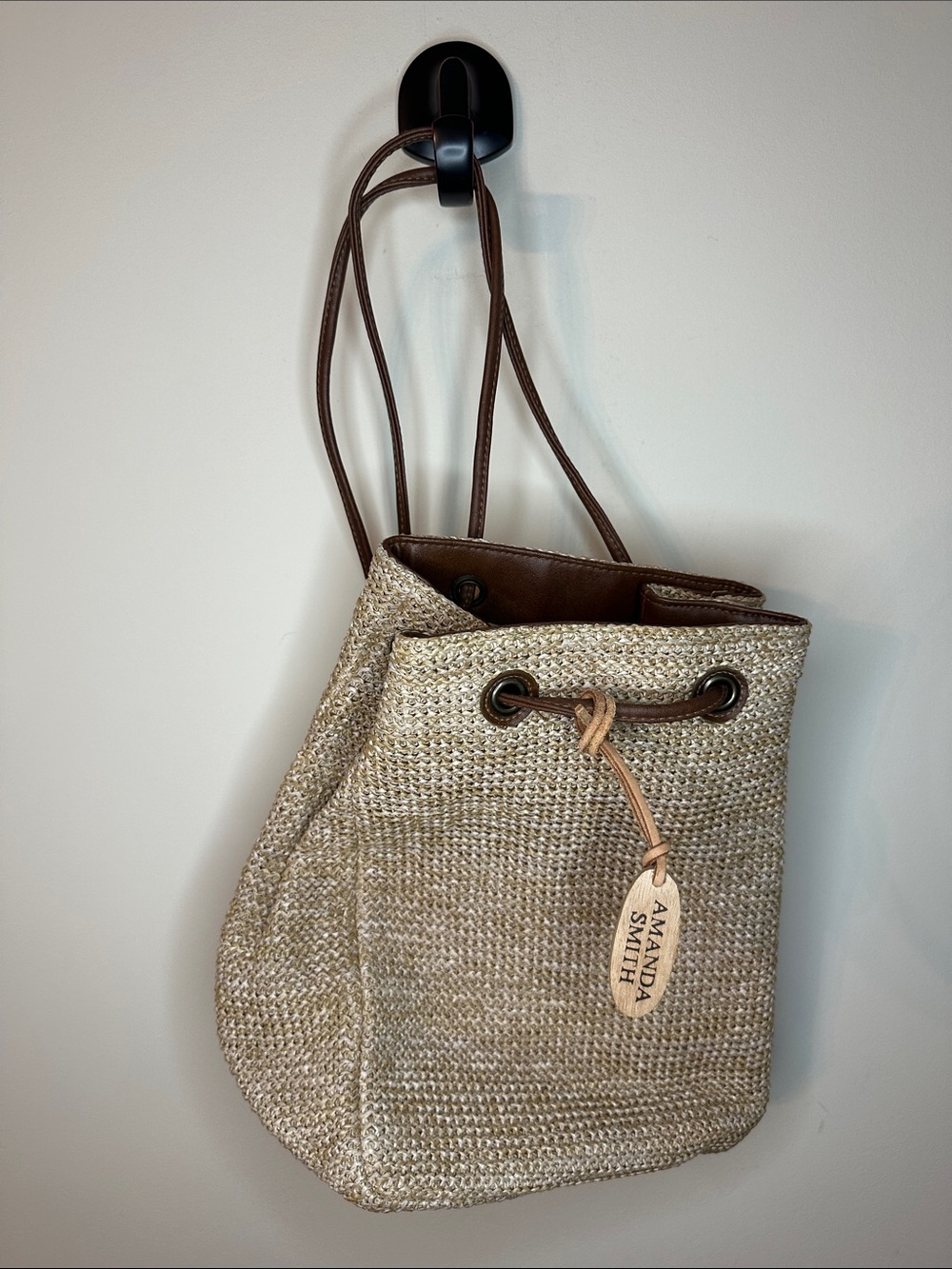 Amanda Smith Natural Straw Drawstring Bucket Bag with Brown Trim